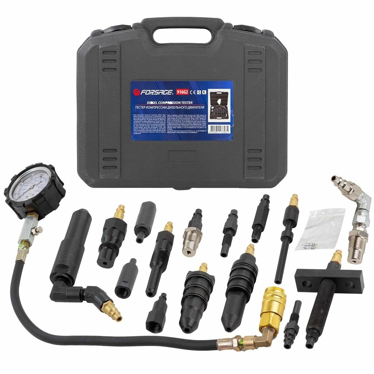 фото Тестер компрессии дизельного двигателя, манометр в комплекте с переходниками 13шт, в кейсе Forsage F-916G2