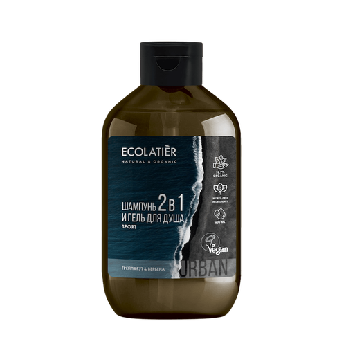 ECOLATIER, ECOLATIER URBAN, Мужской гель для душа и шампунь 2 в 1 для душа, Грейпфрут & Вербена, 600 мл гель для душа ecolatier мужской гель для душа и шампунь 2 в 1 грейпфрут