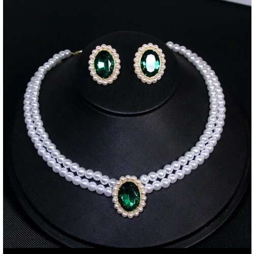 Комплект бижутерии ROYAL JASMINE: колье, серьги, циркон, жемчуг имитация, размер колье/цепочки 40 см, белый