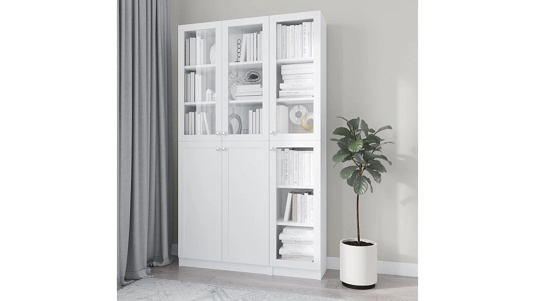 Шкаф книжный Билли 77 по мотивам IKEA Икея Белый Фасадный 0101, 120*30*202 см, ЛДСП с рамкой МДФ