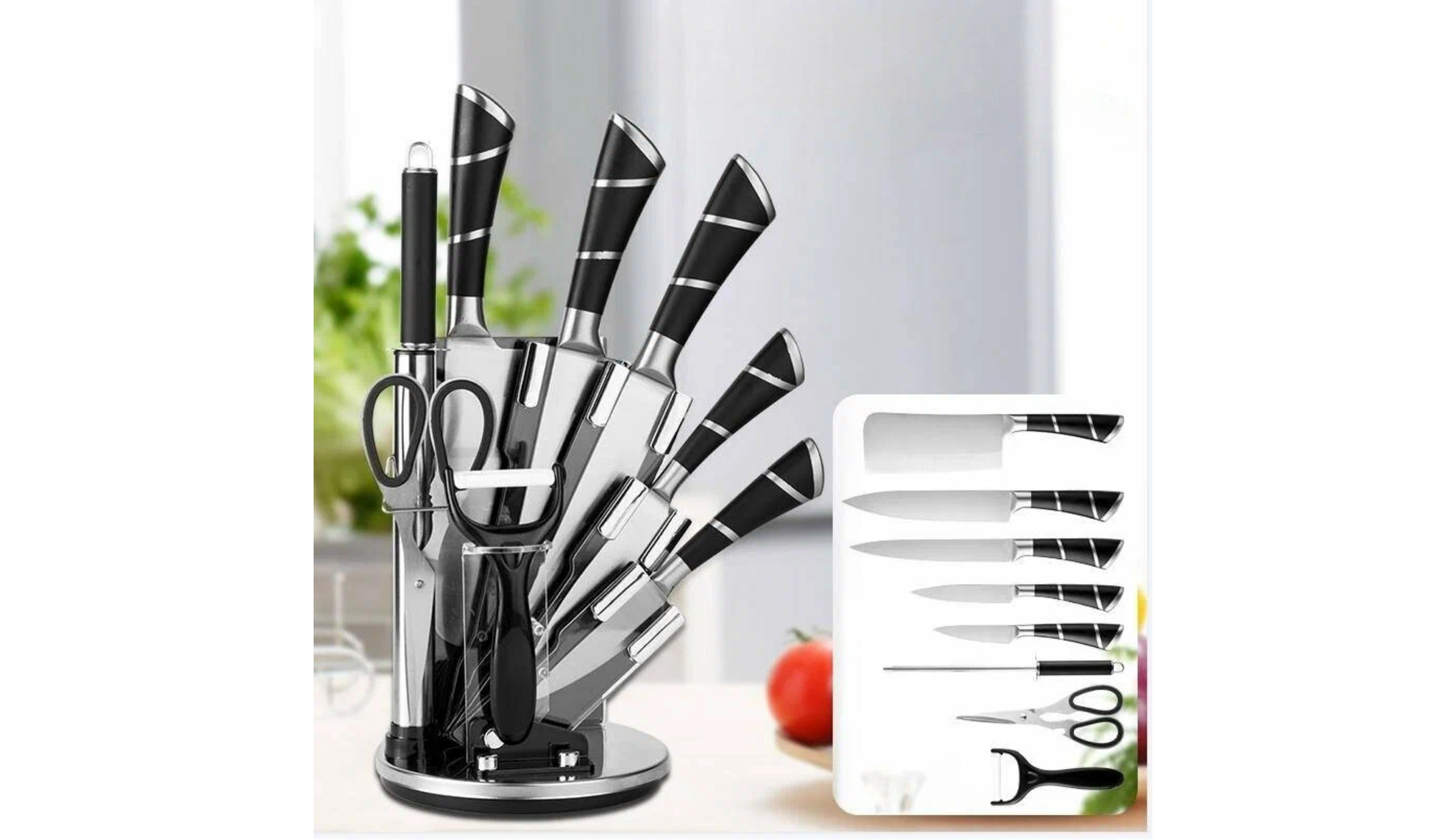 Набор кухонных ножей на подставке из 9 предметов, черный