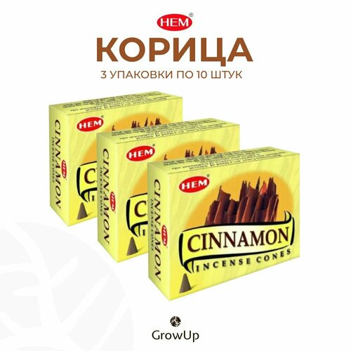 Набор HEM Корица - 3 упаковки по 10 шт - ароматические благовония, конусовидные, конусы с подставкой, Cinnamon - ХЕМ