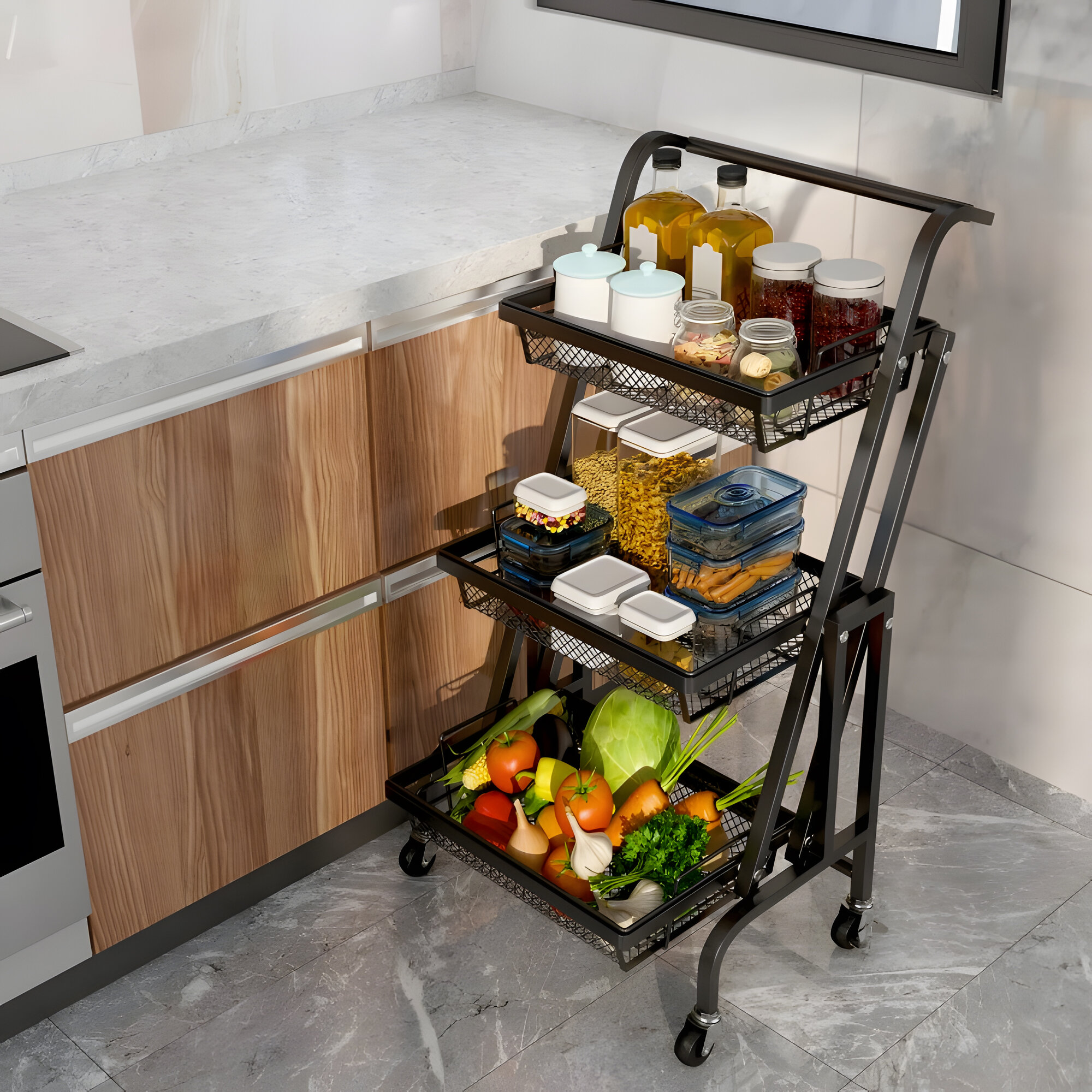 фото Этажерка/тележка раскладная металлическая 3-х ярусная 44*30*94.5 см на колесах Baizheng