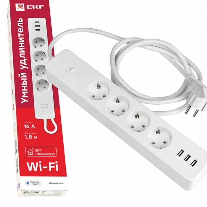Удлинитель с управлением по Wi-Fi 4х1.8м + 3хUSB с выкл. HomeConnect EKF RCE-1-WF