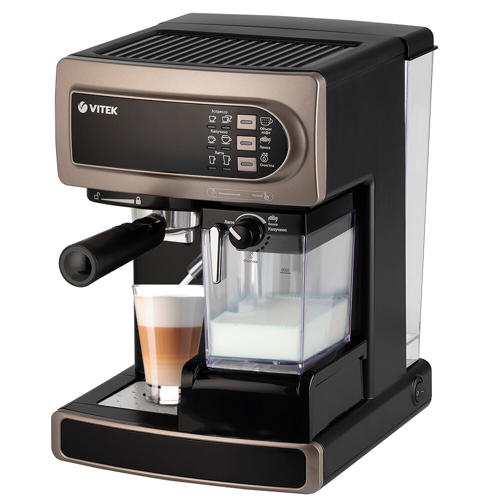 Рожковая кофеварка VITEK VT-1517 с капучинатором, резервуары для воды 1,5л и молока 300 мл, съемный поддон для капель — фото 1
