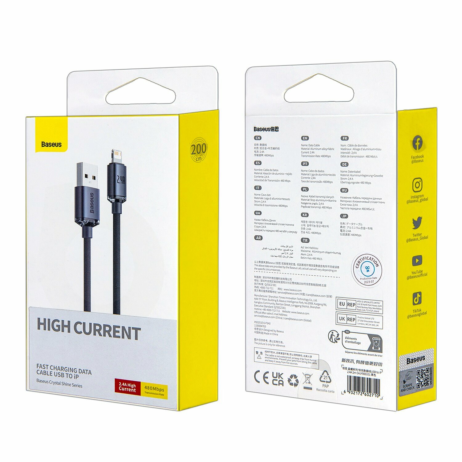 Кабель USB Lightning 2m 20W CW-FXP Crystal Shine Series Baseus синий CAJY000101 (IS003589)
