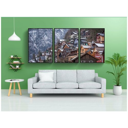 фото Набор модулных постеров для интерьера "горы, деревня, зима" 60x90 см. в тубусе, без рамки lotsprints