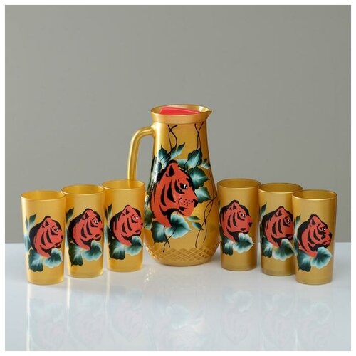 фото Набор для воды "тигр" 7 предметов: кувшин, 6 стаканов, художественная роспись на золоте yandex market