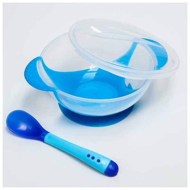 Набор детской посуды: миска на присоске 340мл, с крышкой, ложка, цвет синий