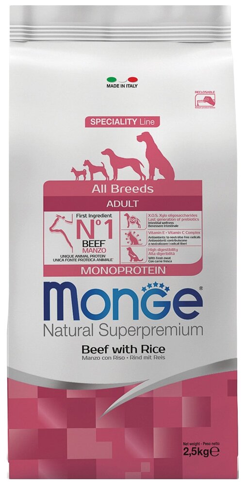 Корм для собак всех пород Monge Dog Monoprotein All Breeds Beef and Rice, говядина с рисом, 2,5 кг