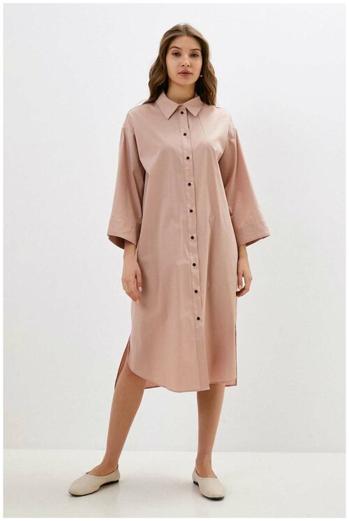 Платье-рубашка Baon, деним, повседневное, классическое, оверсайз, карманы, размер 46, бежевый