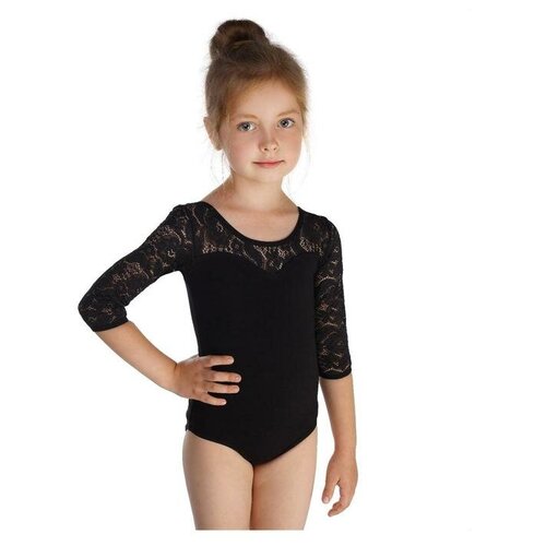 фото Grace dance купальник гимнастический, кокетка и рукав 3/4 гипюр, размер 32, цвет чёрный