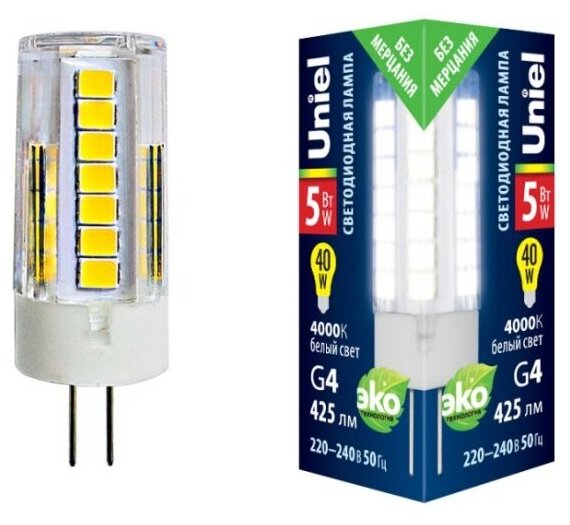 Светодиодная лампа Uniel LED-JC-220/5W/4000K/G4/CL GLZ09TR прозрачная. Белый свет (4000К). Картон. ТМ .