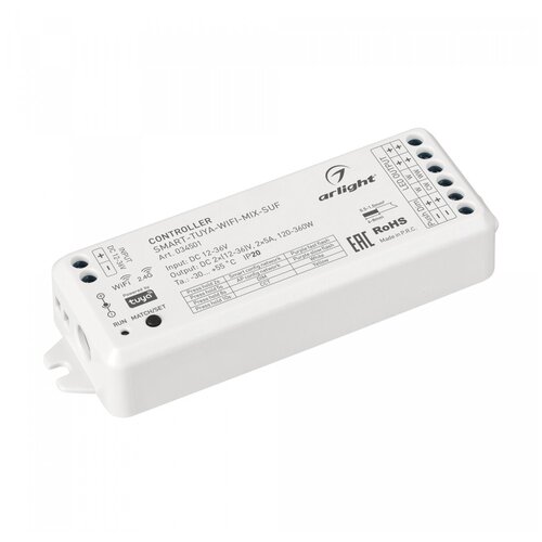 контроллер 034501 smart tuya wifi mix suf 12 36v 2x5a 2 4g Контроллер SMART-TUYA-WIFI-MIX-SUF (12-36V, 2x5A, 2.4G) (Arlight, IP20 Пластик)