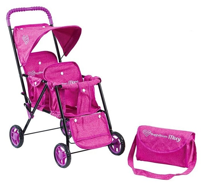 Детская игрушечная прогулочная коляска для двух кукол Mixy 8025 с козырьком, подножкой и сумкой
