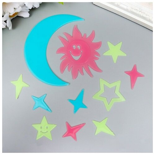 SUI Наклейка фосфорная пластик Солнце месяц и звёзды набор 9 шт 20х13 см 300₽