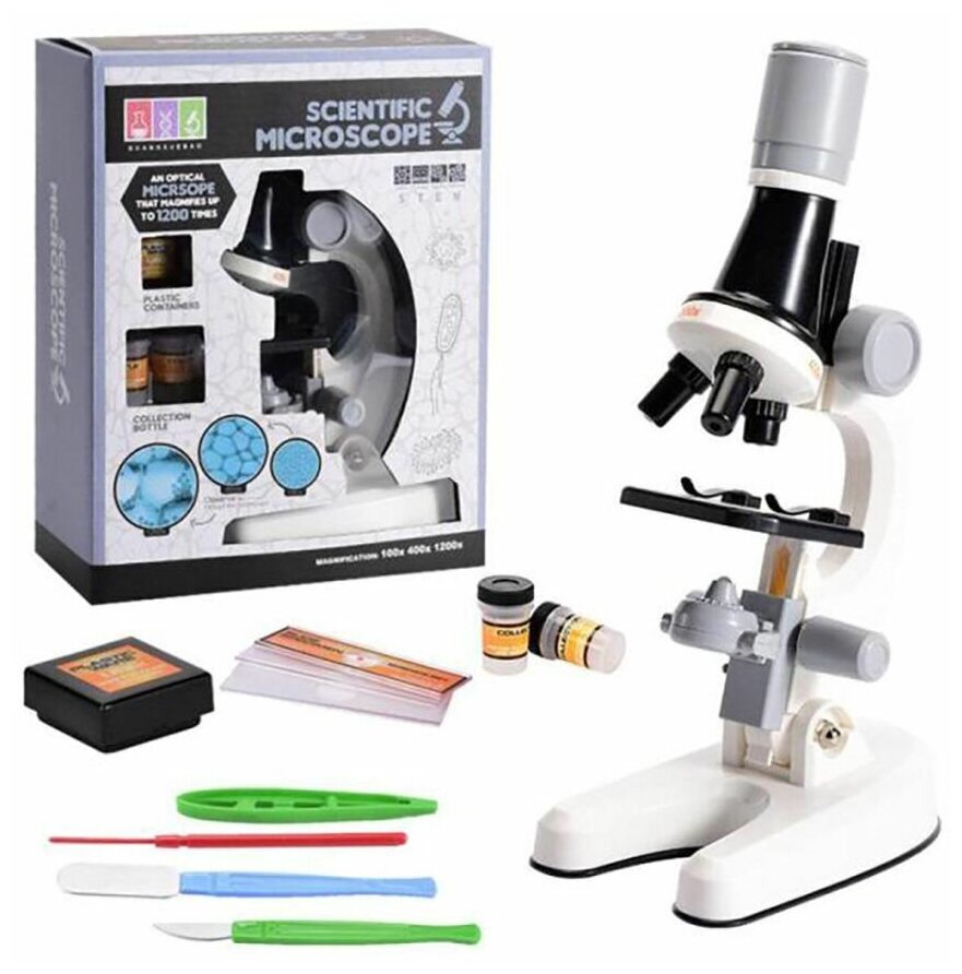 Микроскоп детский х1200 с контейнерами баночками и приборами для опытов Линза Лупа
