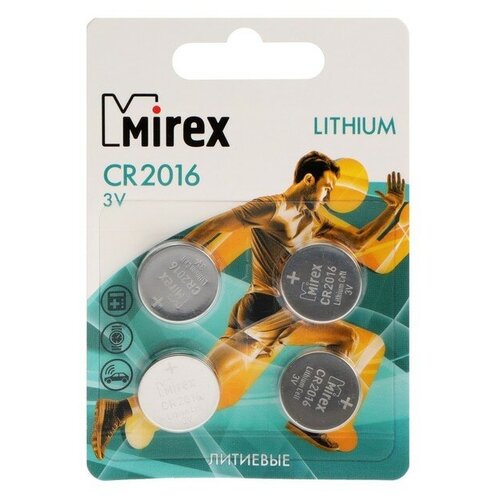 Батарейка литиевая Mirex, CR2016-4BL, 3В, блистер, 4 шт. батарейка литиевая mirex cr2016 4bl 3в блистер 4 шт