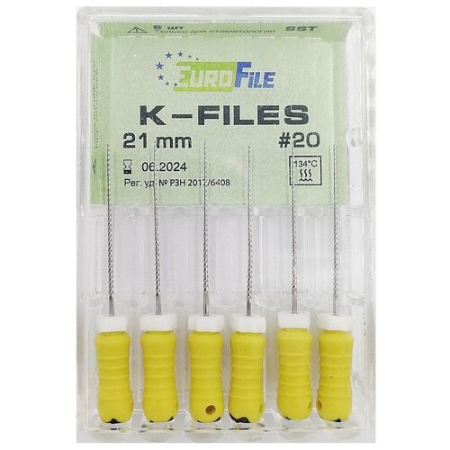 K-Files - ручные стальные файлы, 21 мм, N 20, 6 шт/упак