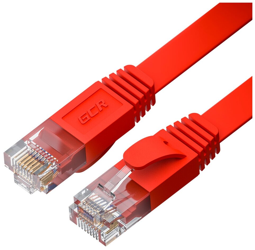 GCR Патч-корд PROF плоский прямой 1.5m, UTP медь кат.6, красный, 30 AWG, ethernet high speed 10 Гбит/с, RJ45, T568B