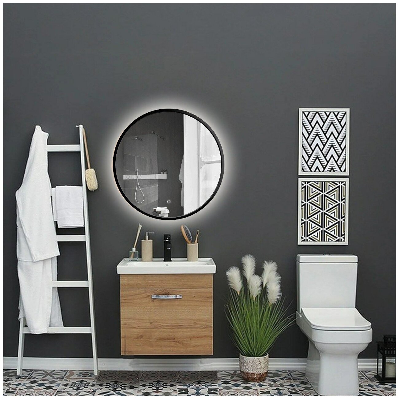 Зеркало круглое "Prestige" в ванную комнату с LED подсветкой, D= 80 см, настенное зеркало в раме, интерьерное в прихожую, зеркало для ванной - фотография № 5