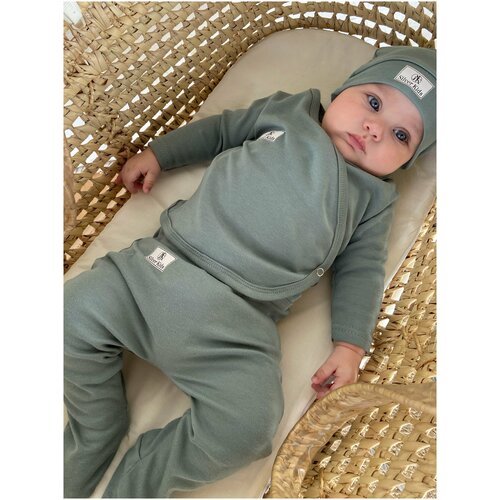 Комплект нательный для малыша на выписку Супер Пупс, набор из 3 предметов (кофточка, ползунки, шапочка с узелком), 68 размер, хаки