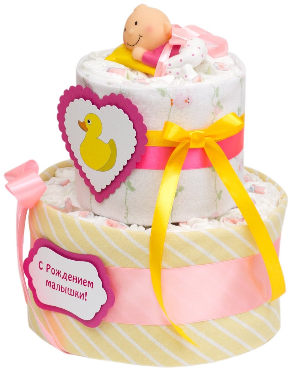 Милый торт из подгузников "Утенок" для новорожденной девочки на встречу из роддома, с пеленками и игрушкой для ванны, двухъярусный