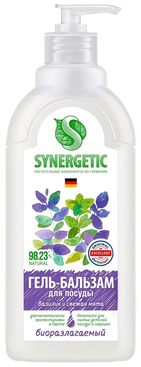 Synergetic Биоразлагаемый гель-бальзам для мытья посуды и детских игрушек Базилик и свежая мята с дозатором, 0.5 л, 0.57 кг