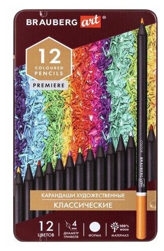 Карандаши художественные цветные BRAUBERG ART PREMIERE, 12 цветов, мягкий грифель 4 мм, металл, 181540