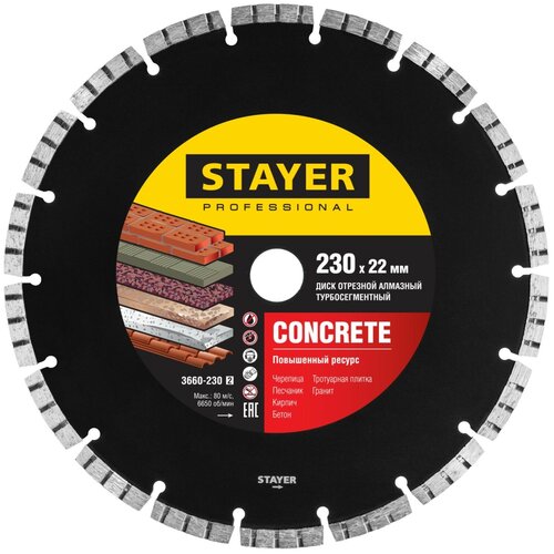 Stayer BETON 230 мм, диск алмазный отрезной по бетону, кирпичу, плитке, STAYER Professional