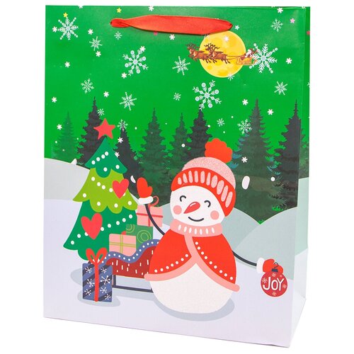 фото Пакет подарочный, снеговичок и елочка, зеленый, с блестками, 32*26*12 см, 1 шт. дон баллон