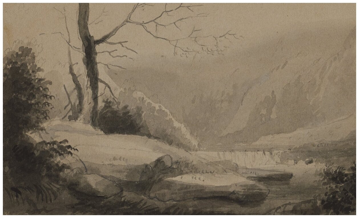 Репродукция на холсте Вид на ручей и горы Миллер Альфред Джейкоб 66см. x 40см.