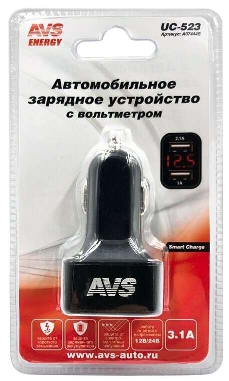 Автомобильное зарядное устройство USB с вольтметром (2 порта, 3.1А) (черный) AVS UC-523, A07444S