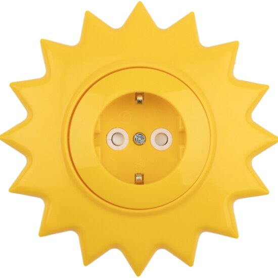 фото Розетка одноместная KRANZ HAPPY "Солнце" с заземлением и защитными шторками, желтая