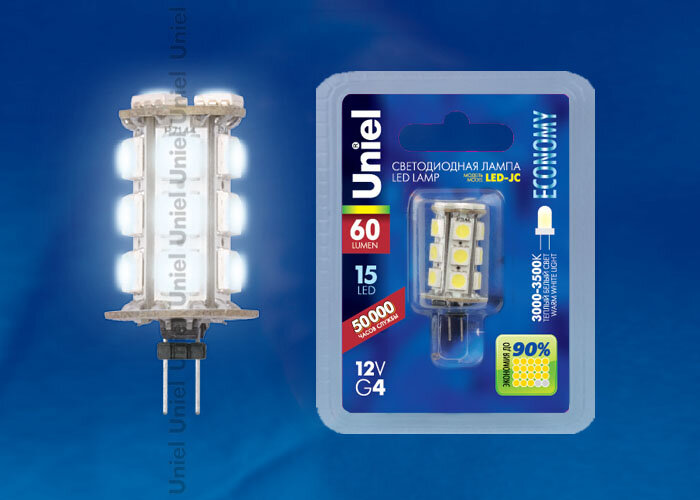 -Лампа LED G4 09Вт 12В JC-12/09W/WW/G4 60lm Uniel