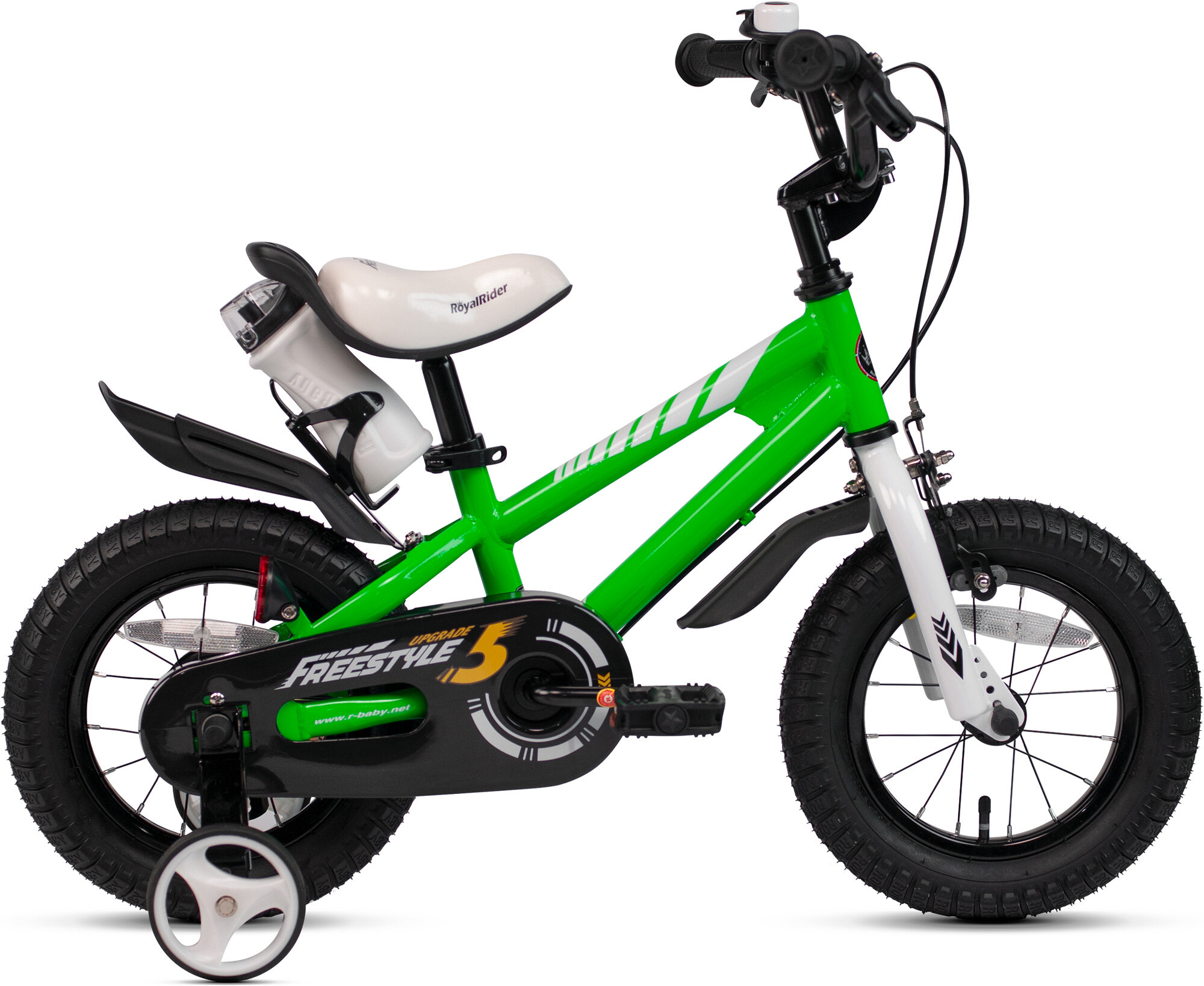 Велосипед детский Royal Baby EZ Freestyle 12 для детей от 2 до 4 лет стальной с защитой цепи, звонком, крыльями, 1 скорость, ободной и барабанный тормоза зеленый на рост 85-100 см