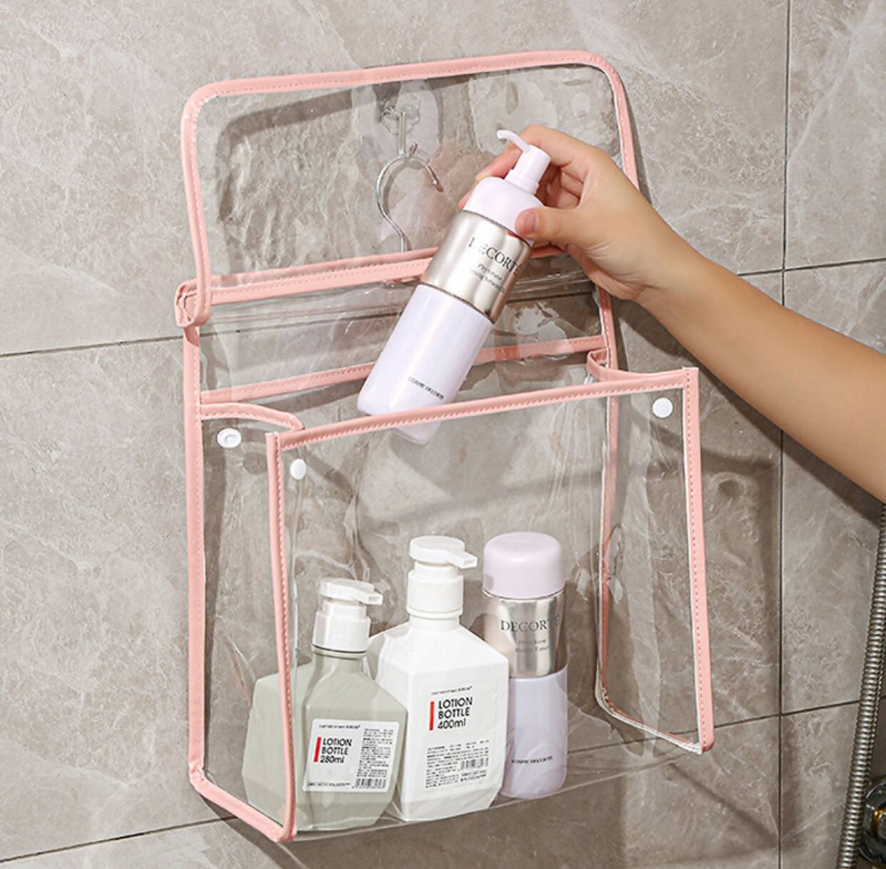фото Сумка - органайзер настенная прозрачная для хранения вещей в ванной