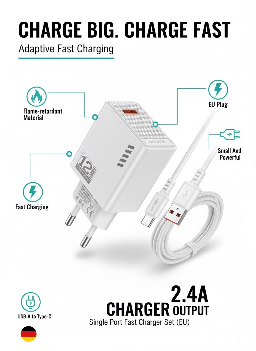 KAKUSIGA 12W — Адаптер для быстрой зарядки (2,4 А) | С кабелем Type-C, белый