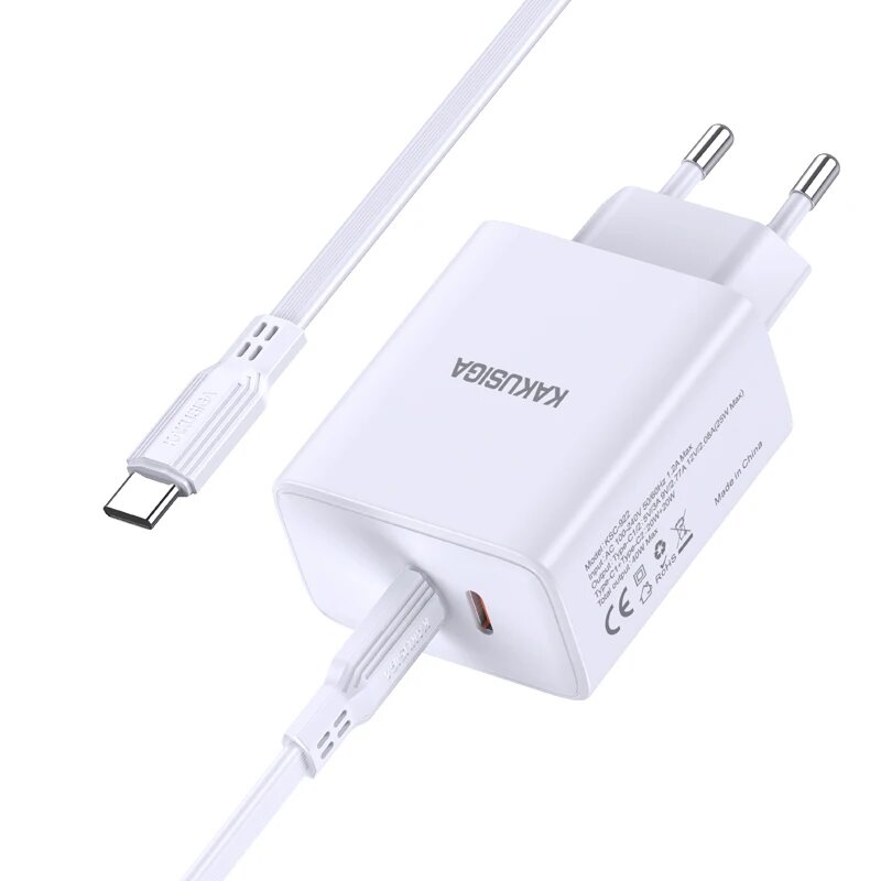 Зарядное устройство KAKUSIGA "Dual Type-C", с кабелем, 40Вт, белое — фото 1