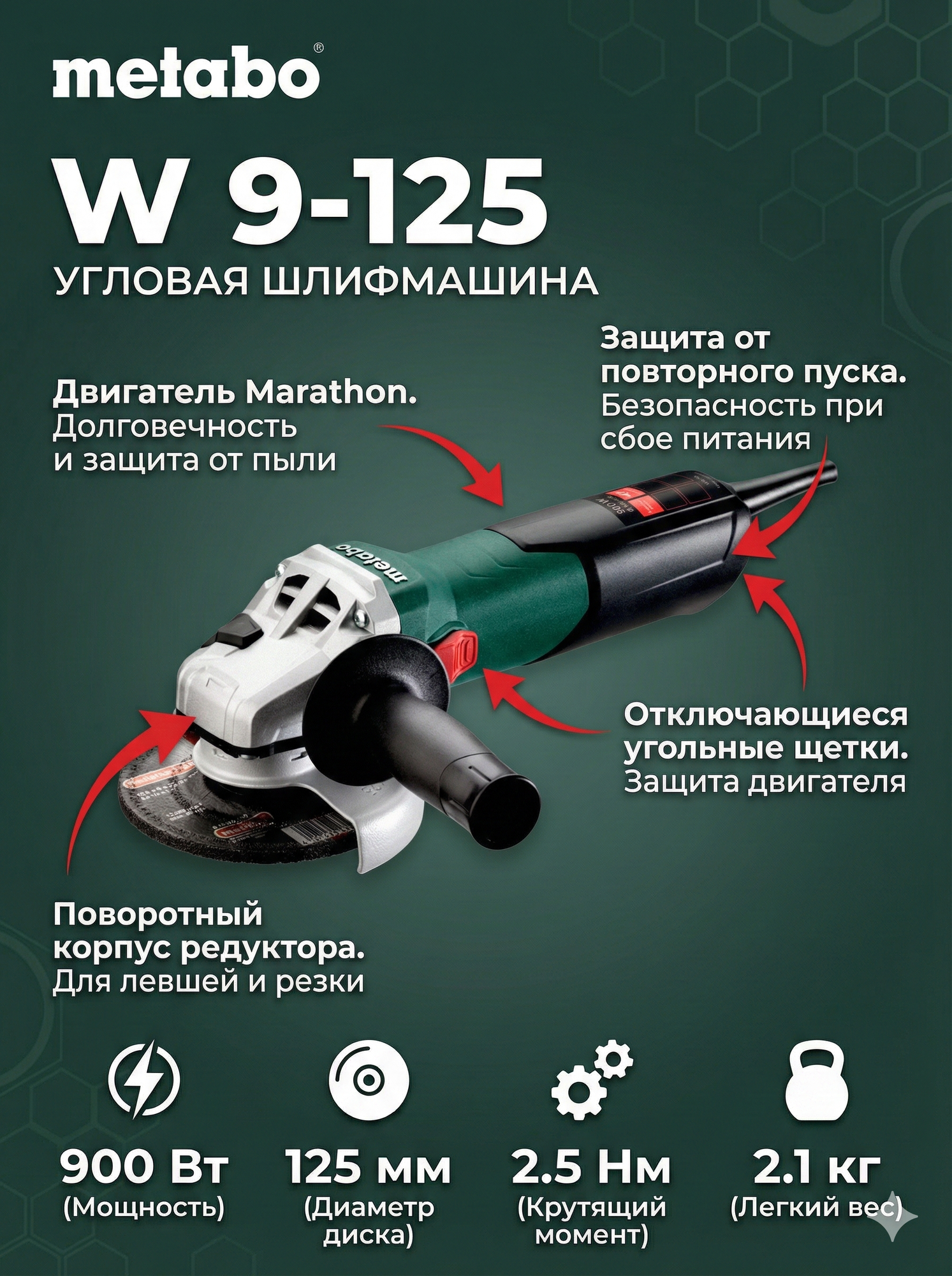 УШМ Metabo 600376010 W 9-125 900Вт, диск 125мм, защита от повторного пуска