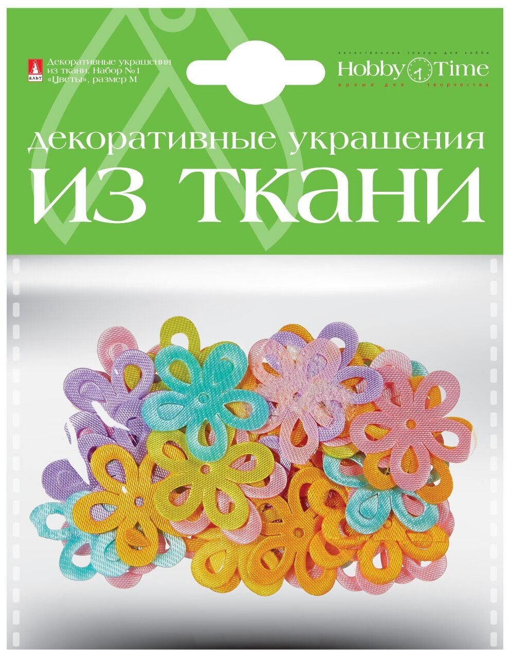 Декор из ткани набор №1 "цветочки М", 6 видов, Арт. 2-163