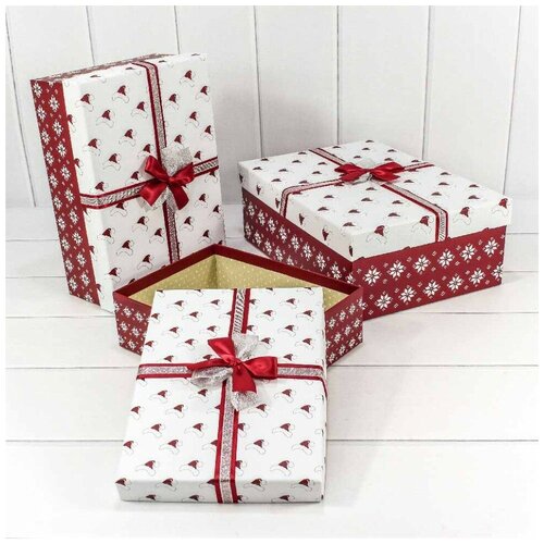 фото Набор коробок новогодние шапочки, красный/белый, 35*25*13 см, 3 шт. дон баллон