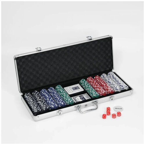 Покер в металлическом кейсе (карты 2 колоды, фишки 500 шт, 5 кубиков), 20.5х56 см