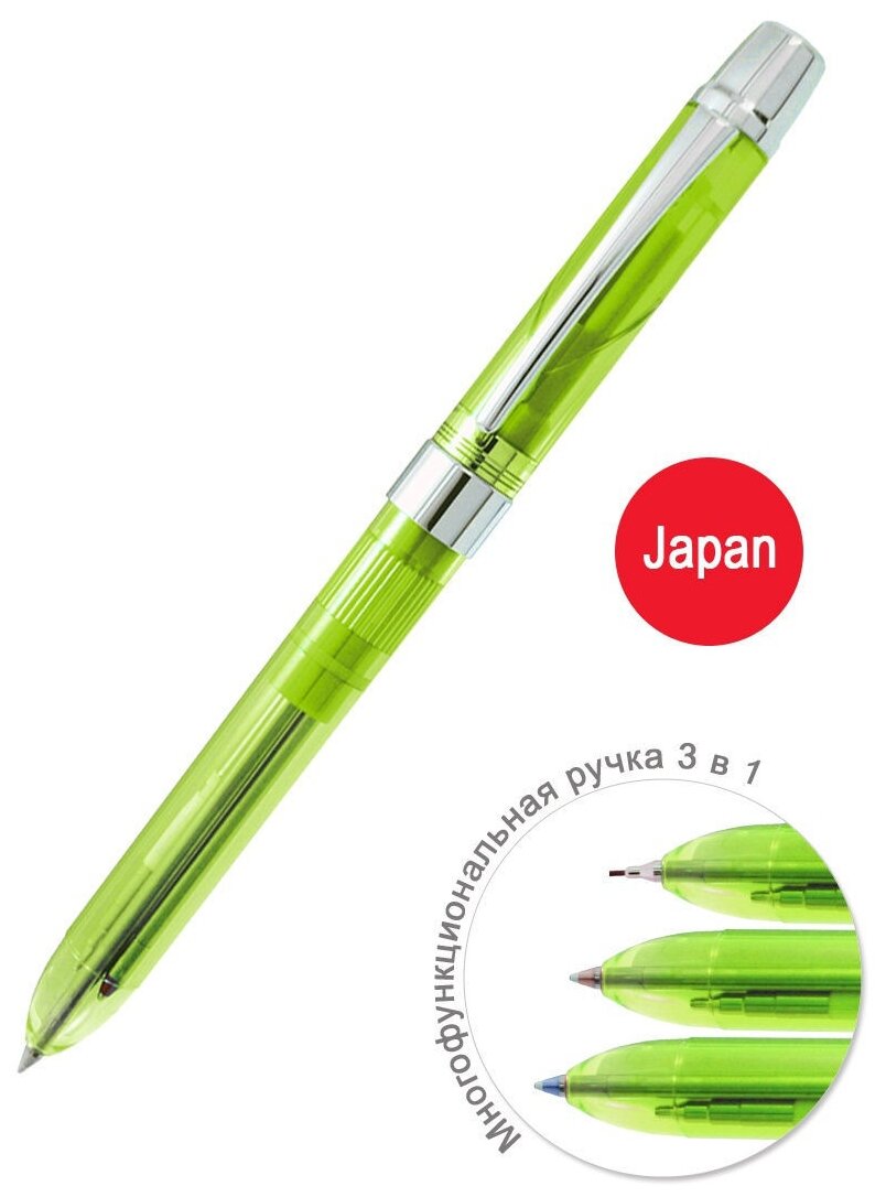Ручка многофункциональная PENAC ELE-001: 2 стержня синего и красного цветов 0,35мм +Карандаш механический 0,5мм НВ, ластик, цвет корпуса: светло-зеленый, в прозрачном пластиковом футляре
