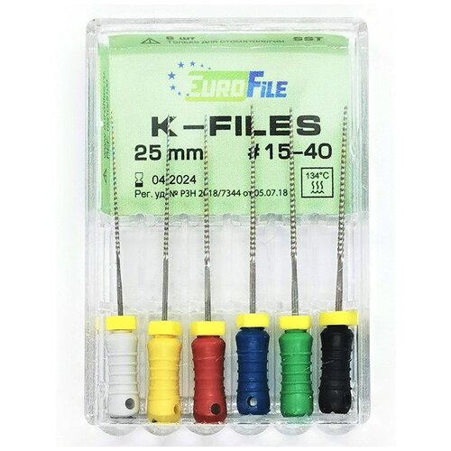 K-Files - ручные стальные файлы, 25 мм, N 15-40, 6 шт/упак