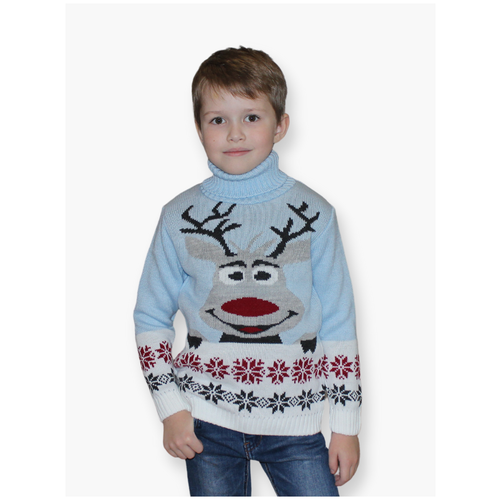 фото Детский вязаный свитер "оленёнок" (голубой, размер 110) трикотята