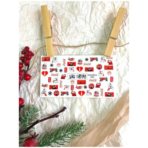 Слайдер (водные наклейки) для дизайна ногтей FNCF1007 Кока-Кола Новый год Мишка На любой фон