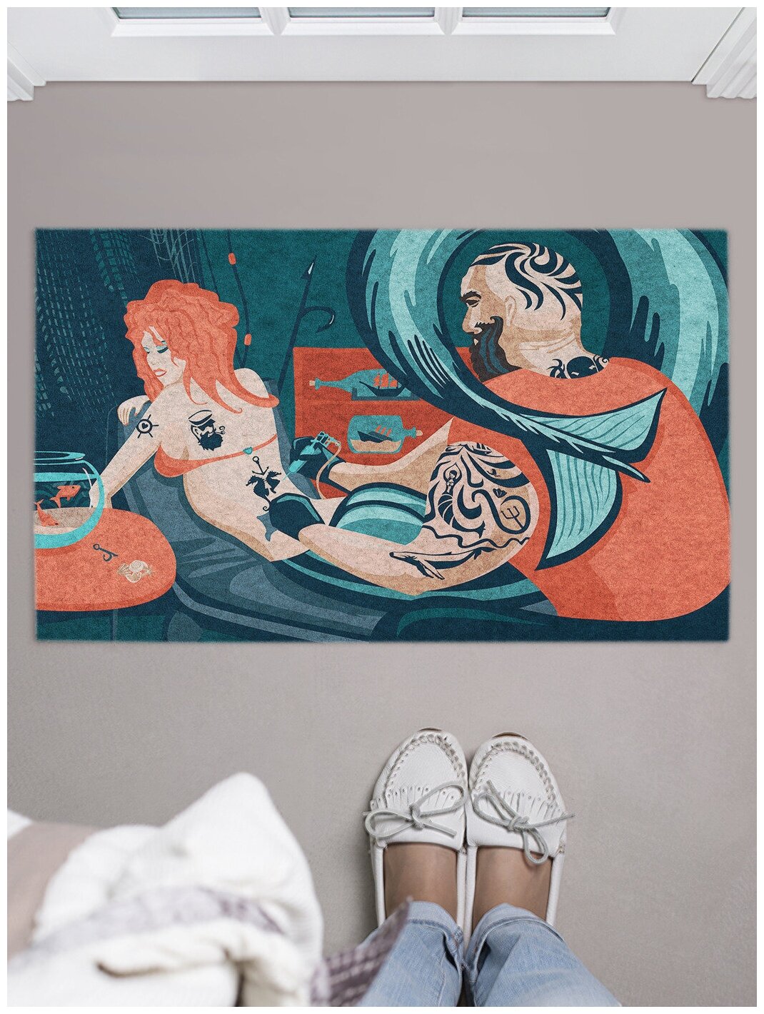 Придверный коврик в прихожую JoyArty "Мастер тату" для обуви, на резиновой основе, 75x45 см - фотография № 1