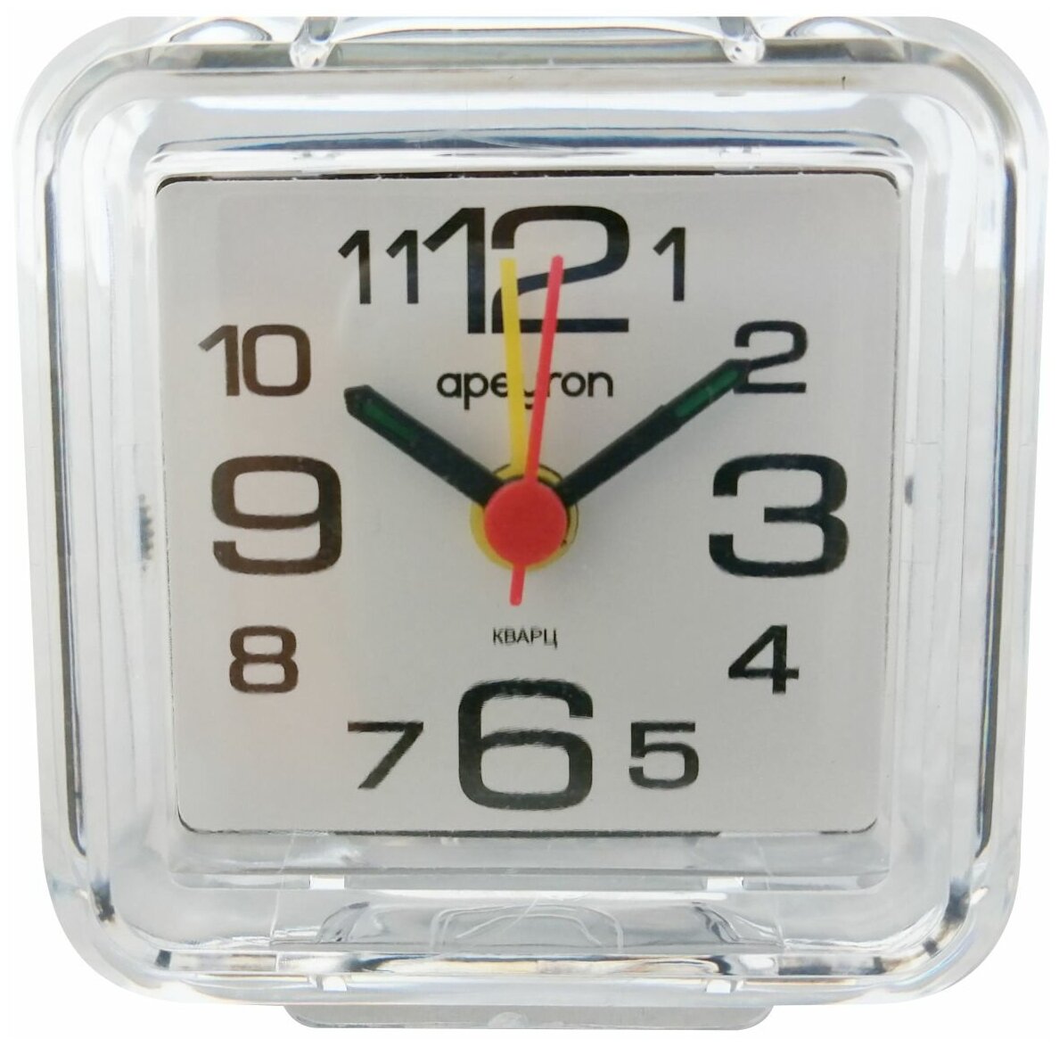 Будильник-часы Apeyron PLT20-001 в форме квадрата с корпусом и рассеивателем из качественного пластика. Лицевая сторона защищена пластиковым стеклом. На циферблате белого цвета расположены арабские цифры и три стрелки.