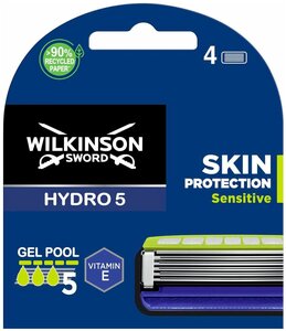 Сменные кассеты WILKINSON SWORD Schick HYDRO5 Skin Protection Sensitive (4 сменные кассеты), 5-лезвийные, гелевая увл. полоса